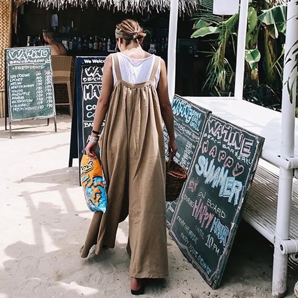 Sleeveless Scoop Neck Big Pocket Cotton Linen Boho Wide Leg Jumper Overalls - Picture 6 of 13